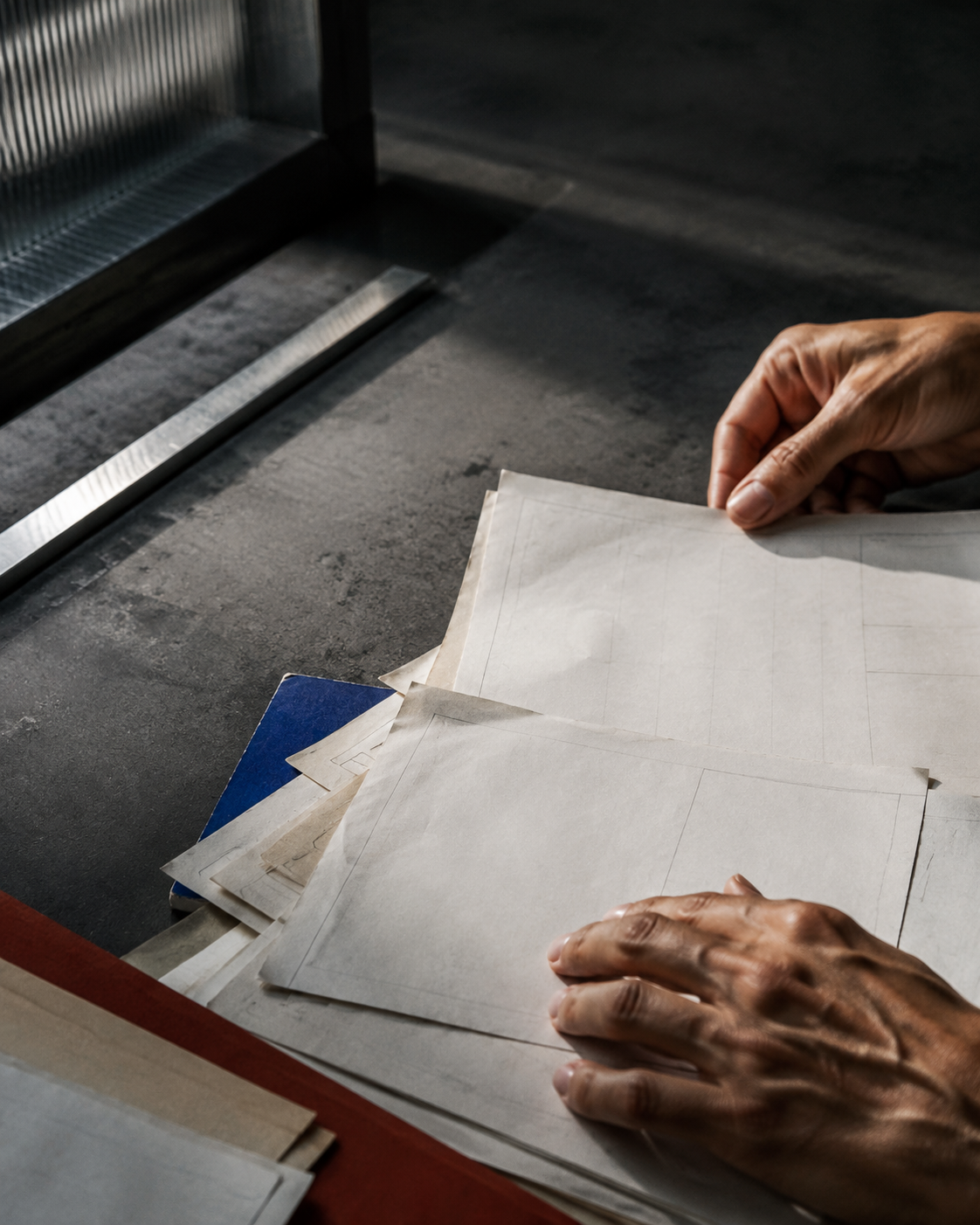 Documentos de trabalho sendo organizados sob luz natural